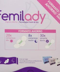 Femilady Pack Formato Ahorro 30% Gratis. Pack de compresas Femilady día, noche y Salvaslip. Envase: 20x compresas día 8x compresas noche 30x Salvaslip.