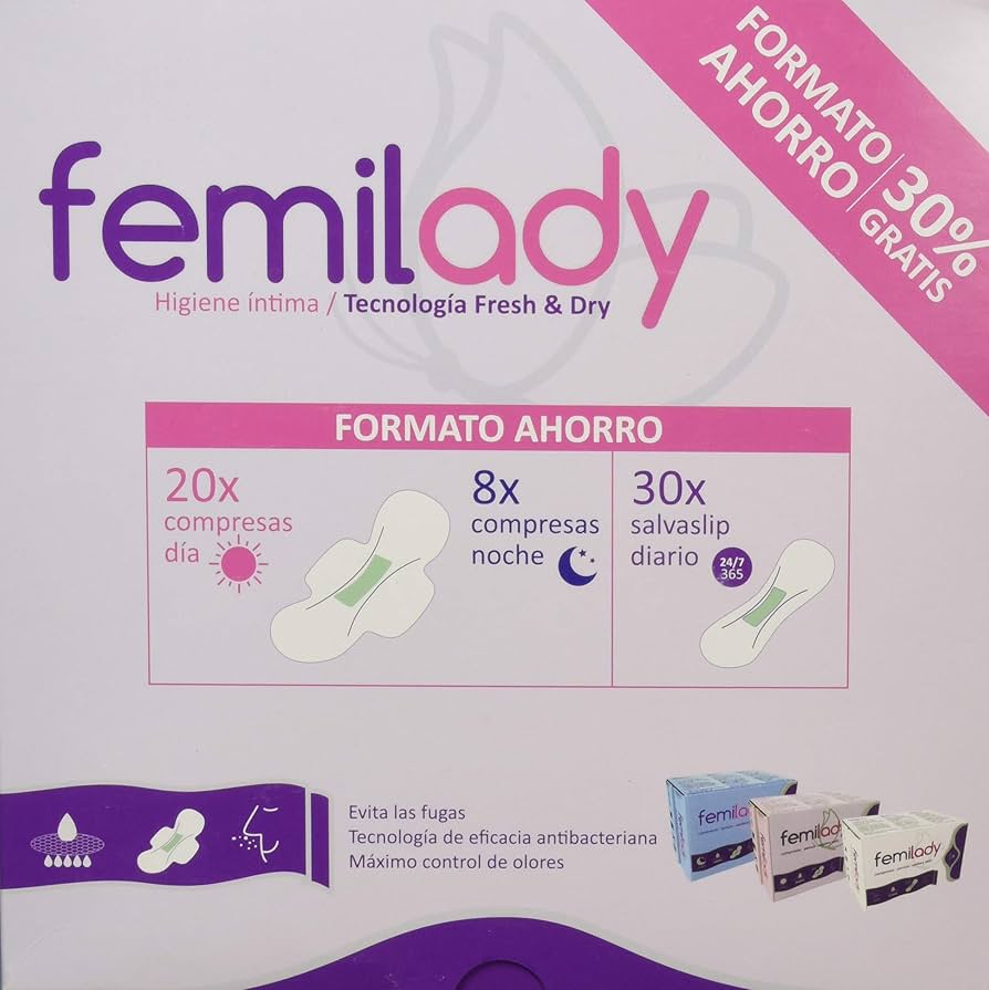 810L0qvqh-L._AC_UF894,1000_QL80_ Femilady Pack Formato Ahorro 30% Gratis. Pack de compresas Femilady día, noche y Salvaslip. Envase: 20x compresas día 8x compresas noche 30x Salvaslip.