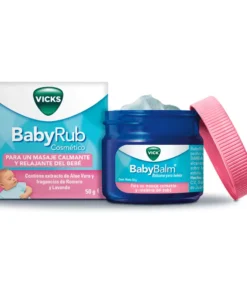 Vicks Babyrub pomada. Fragancias de eucalipto, romero y lavanda. Calma, relaja e hidratar la piel de bebés a partir de los 3-6 meses.