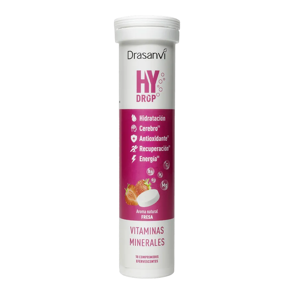 032057692 Drasanvi HYDROP Electrolitos Fresa Pensado para prevenir la fatiga, mejorar la hidratación y mantener el rendimiento físico. Envase: 18 comprimidos efervescentes. Aroma natural a fresa.